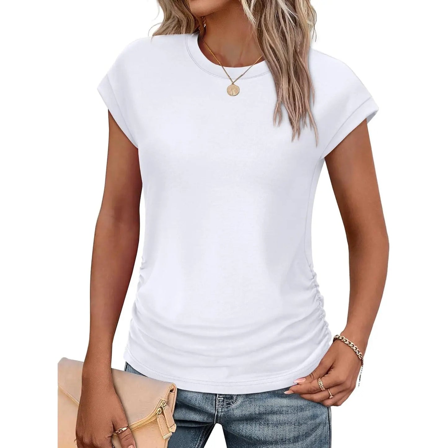 Womens Summer Tops Trendy 2026 Ruched Cap Short Sleeve Tshirts Shirts Crew Neck T Shirts
