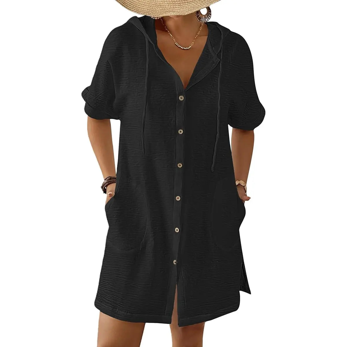 2026! ! !🔥  Women's Summer Swimwear Cover-Up, Short-Sleeve Button-Down Cover-Up: Hooded Beach Cover-Up with Pockets