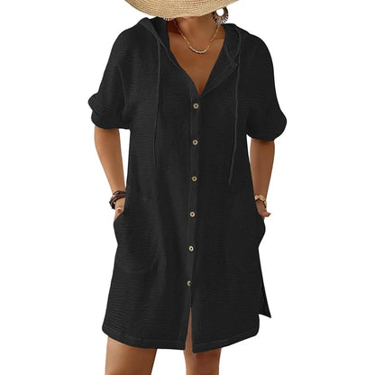 2026! ! !🔥  Women's Summer Swimwear Cover-Up, Short-Sleeve Button-Down Cover-Up: Hooded Beach Cover-Up with Pockets