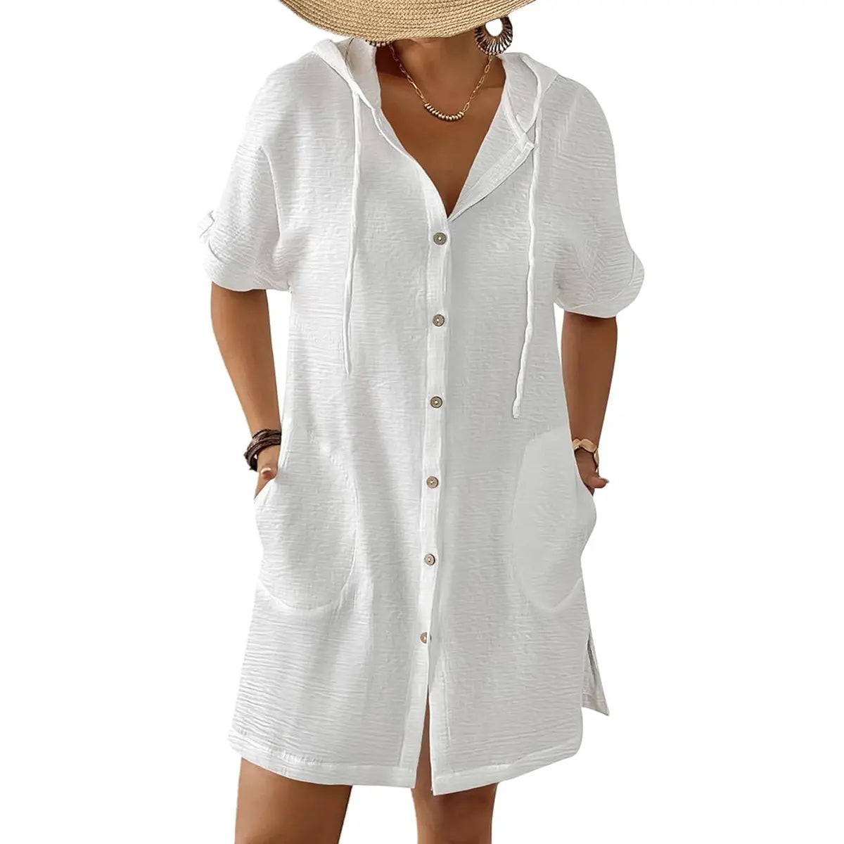 2026! ! !🔥  Women's Summer Swimwear Cover-Up, Short-Sleeve Button-Down Cover-Up: Hooded Beach Cover-Up with Pockets