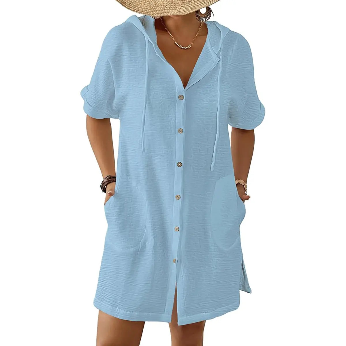 2026! ! !🔥  Women's Summer Swimwear Cover-Up, Short-Sleeve Button-Down Cover-Up: Hooded Beach Cover-Up with Pockets