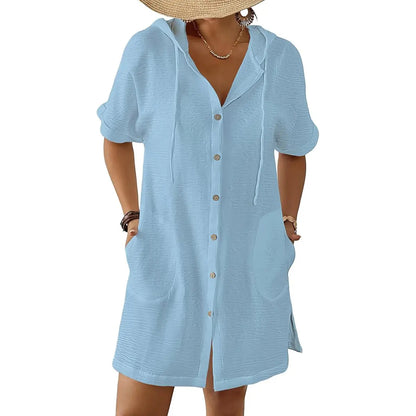 2026! ! !🔥  Women's Summer Swimwear Cover-Up, Short-Sleeve Button-Down Cover-Up: Hooded Beach Cover-Up with Pockets