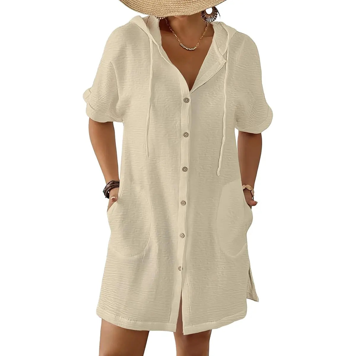 2026! ! !🔥  Women's Summer Swimwear Cover-Up, Short-Sleeve Button-Down Cover-Up: Hooded Beach Cover-Up with Pockets