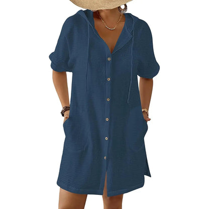 2026! ! !🔥  Women's Summer Swimwear Cover-Up, Short-Sleeve Button-Down Cover-Up: Hooded Beach Cover-Up with Pockets