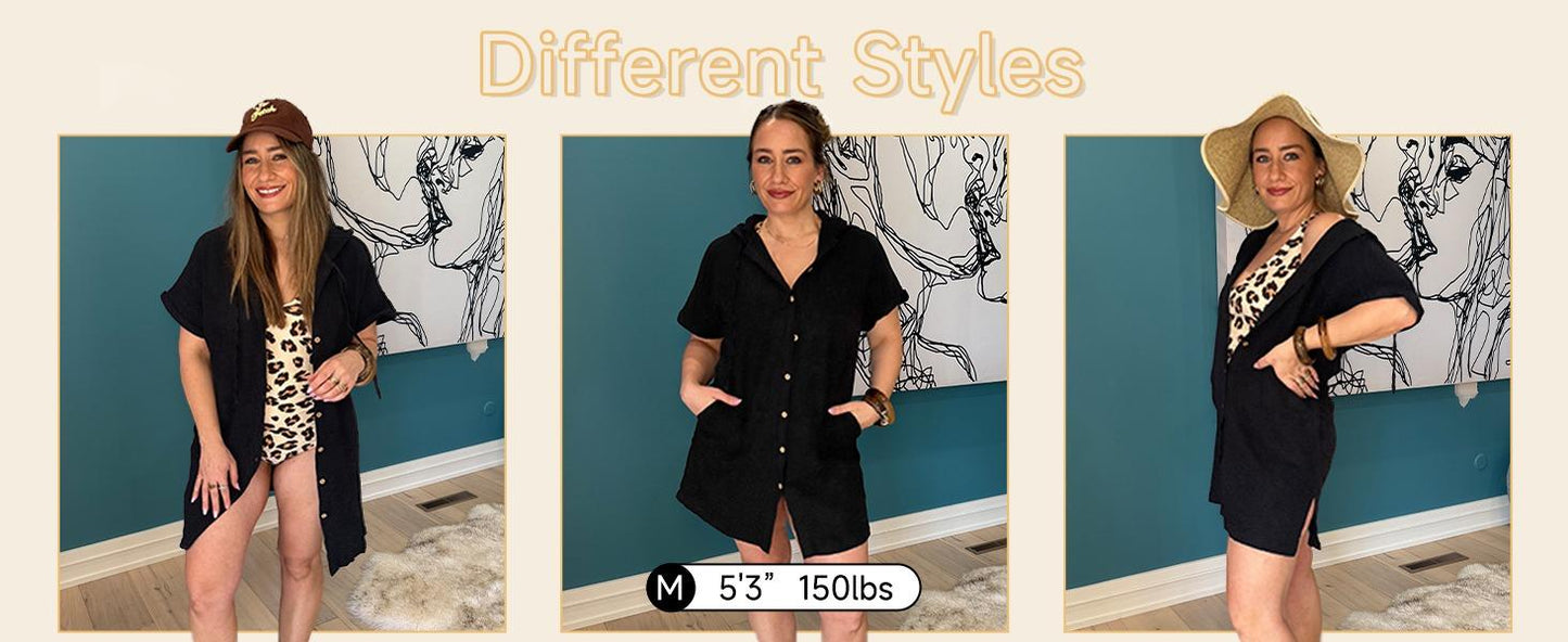 2026! ! !🔥  Women's Summer Swimwear Cover-Up, Short-Sleeve Button-Down Cover-Up: Hooded Beach Cover-Up with Pockets