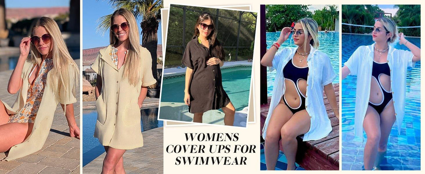 2026! ! !🔥  Women's Summer Swimwear Cover-Up, Short-Sleeve Button-Down Cover-Up: Hooded Beach Cover-Up with Pockets