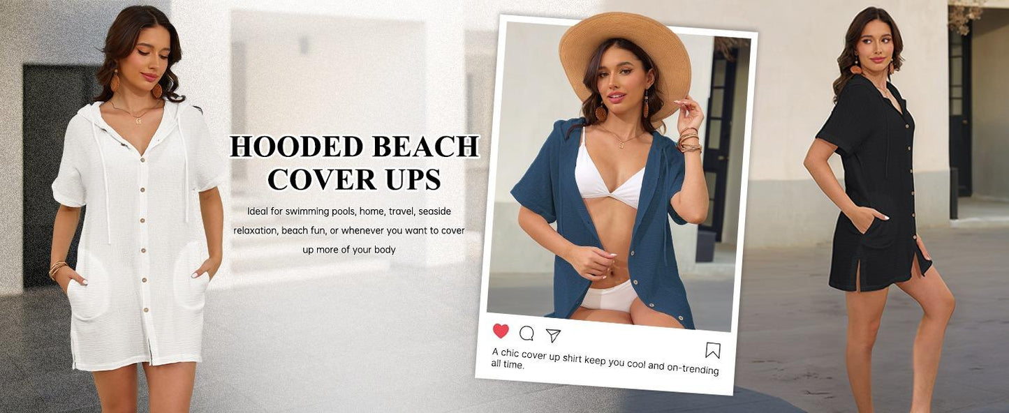 2026! ! !🔥  Women's Summer Swimwear Cover-Up, Short-Sleeve Button-Down Cover-Up: Hooded Beach Cover-Up with Pockets