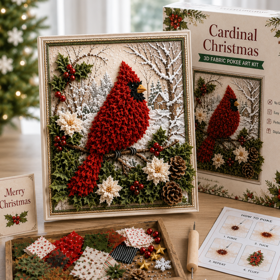 Cardinal Christmas fabric poke art