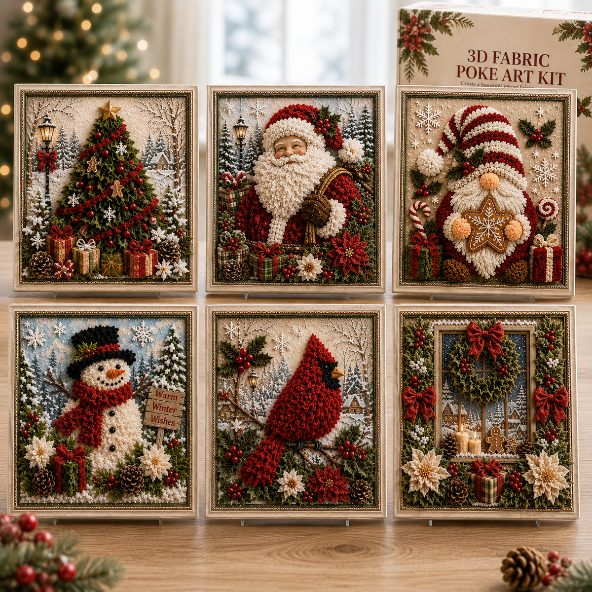 Six finished Christmas fabric poke art designs including tree Santa gnome snowman cardinal and cottage window