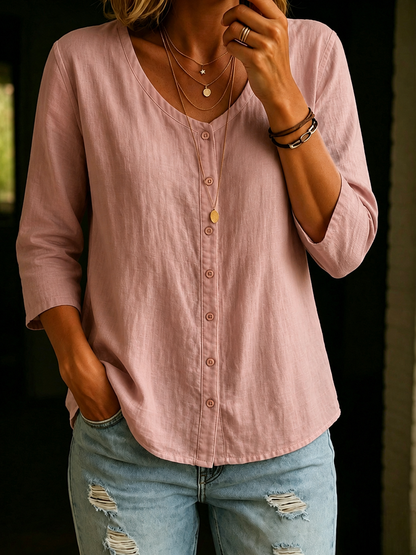 Women's 100% Cotton Casual Button 3/4 Sleeve Shirt