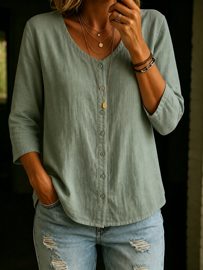 Women's 100% Cotton Casual Button 3/4 Sleeve Shirt