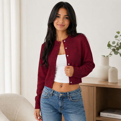 Women's Knitting Basic Long-Sleeve Cardigan - Round Neck Button-Front Short Jacket