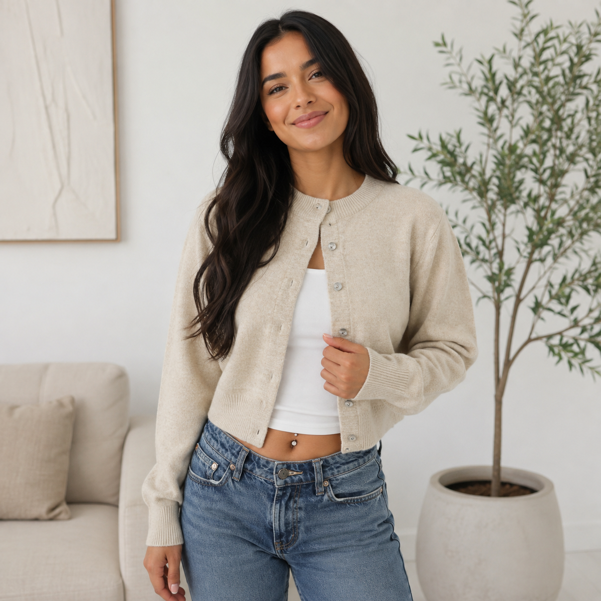 Women's Knitting Basic Long-Sleeve Cardigan - Round Neck Button-Front Short Jacket