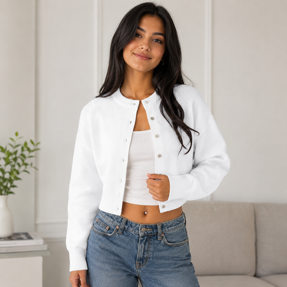 Women's Knitting Basic Long-Sleeve Cardigan - Round Neck Button-Front Short Jacket