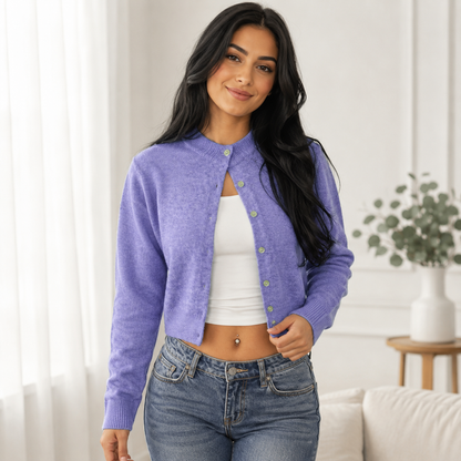 Women's Knitting Basic Long-Sleeve Cardigan - Round Neck Button-Front Short Jacket
