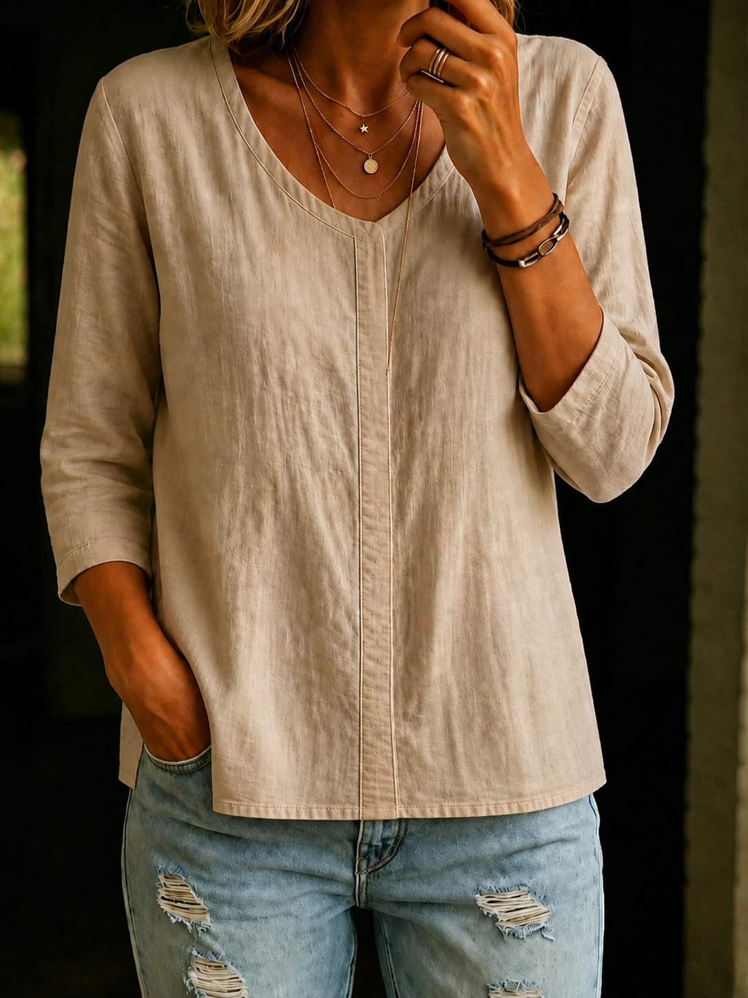 Women's 100% Cotton Split Neck  3/4 Sleeve Shirt