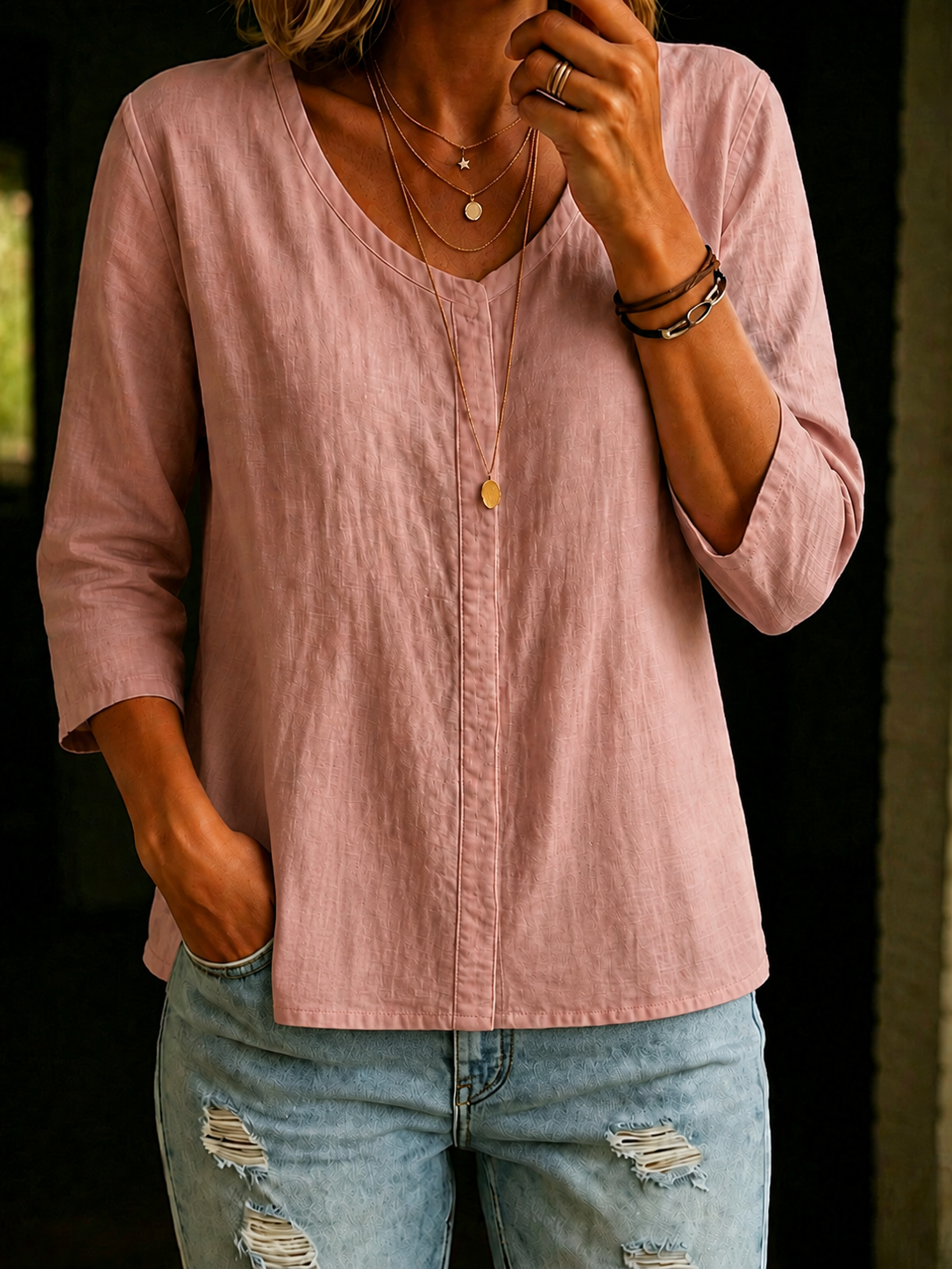 Women's 100% Cotton Split Neck  3/4 Sleeve Shirt