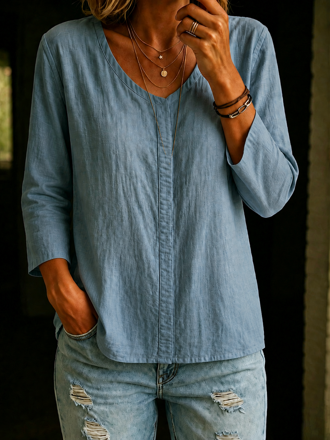 Women's 100% Cotton Split Neck  3/4 Sleeve Shirt