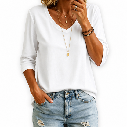 Women's 100% Cotton V Neck  3/4 Sleeve Shirt