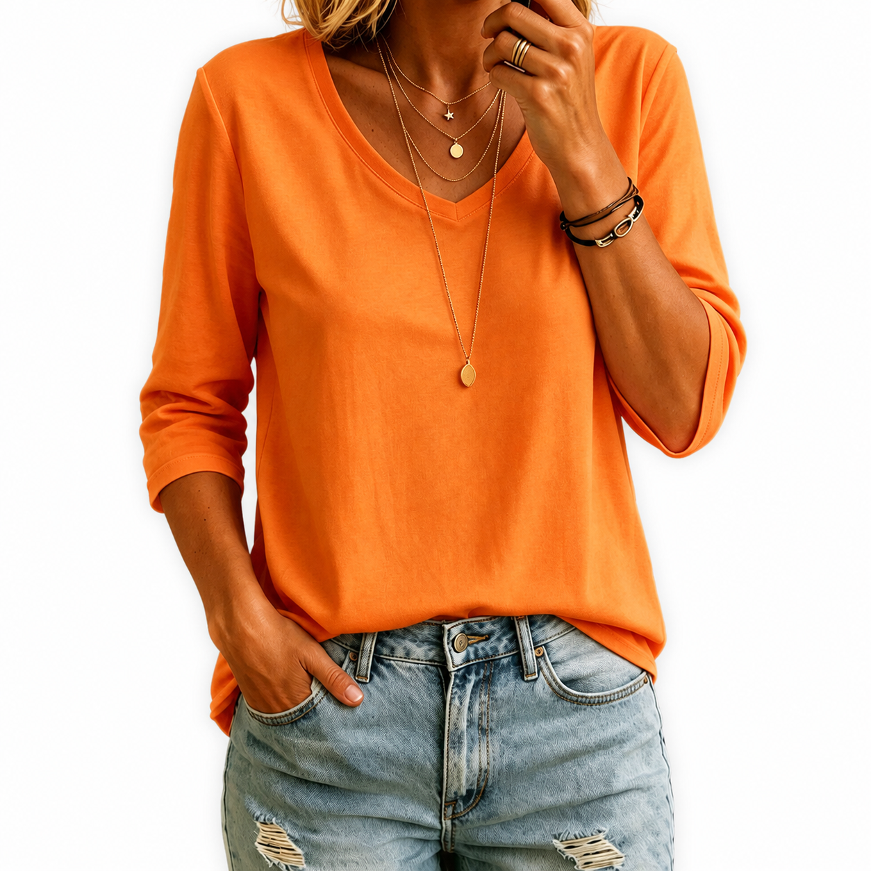 Women's 100% Cotton V Neck  3/4 Sleeve Shirt
