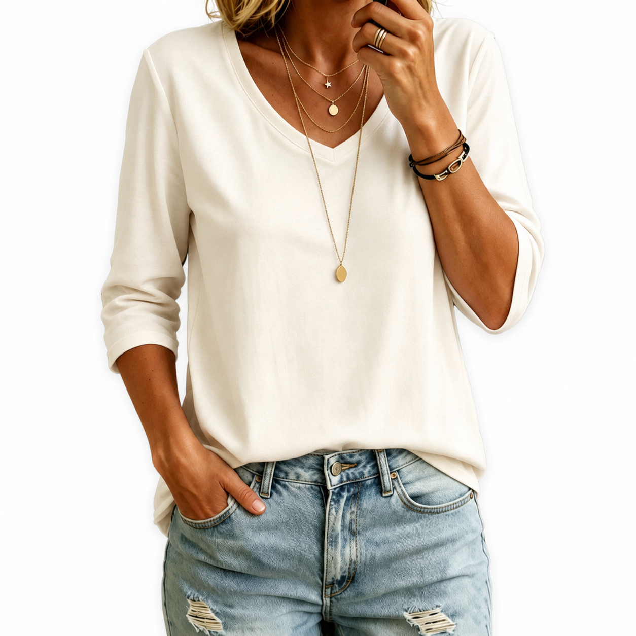Women's 100% Cotton V Neck  3/4 Sleeve Shirt