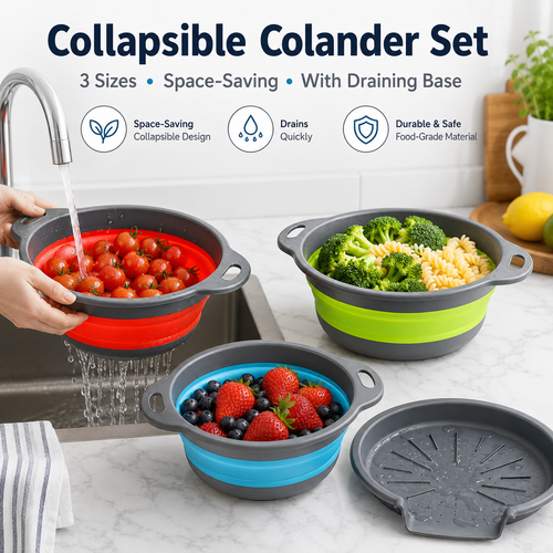 🥗 3-Piece Collapsible Colander Set – Space-Saving Strainers with Draining Base