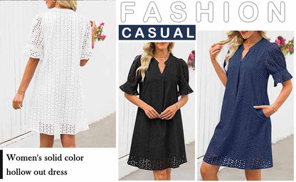 2026 Women’s 100% Cotton Eyelet Embroidery V‑Neck Tiered A‑Line Mini Dress, Short Sleeve Loose Flowy Casual Summer Dress, Plus Size S‑3XL for Vacation Dating