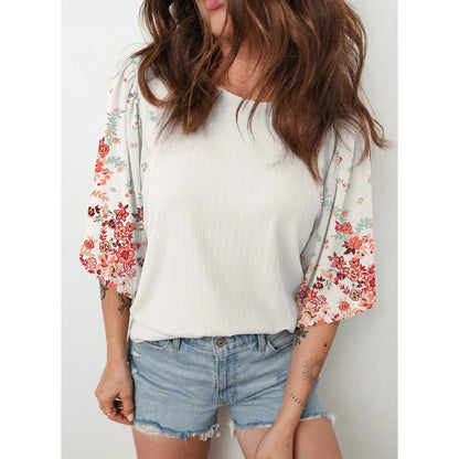 EVALESS 2026 New Women Boho Floral Patchwork Blouse, Crew Neck 3/4 Sleeve Ribbed Loose Stretchy T Shirt, Trendy Spring Summer Casual Tops
