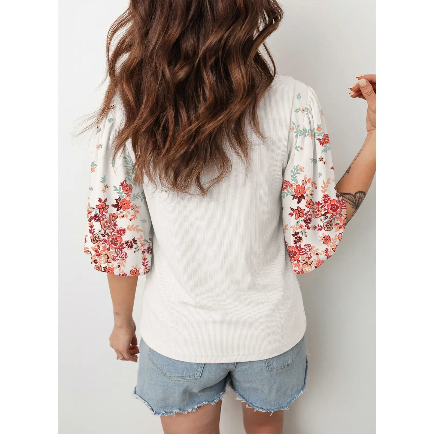 EVALESS 2026 New Women Boho Floral Patchwork Blouse, Crew Neck 3/4 Sleeve Ribbed Loose Stretchy T Shirt, Trendy Spring Summer Casual Tops