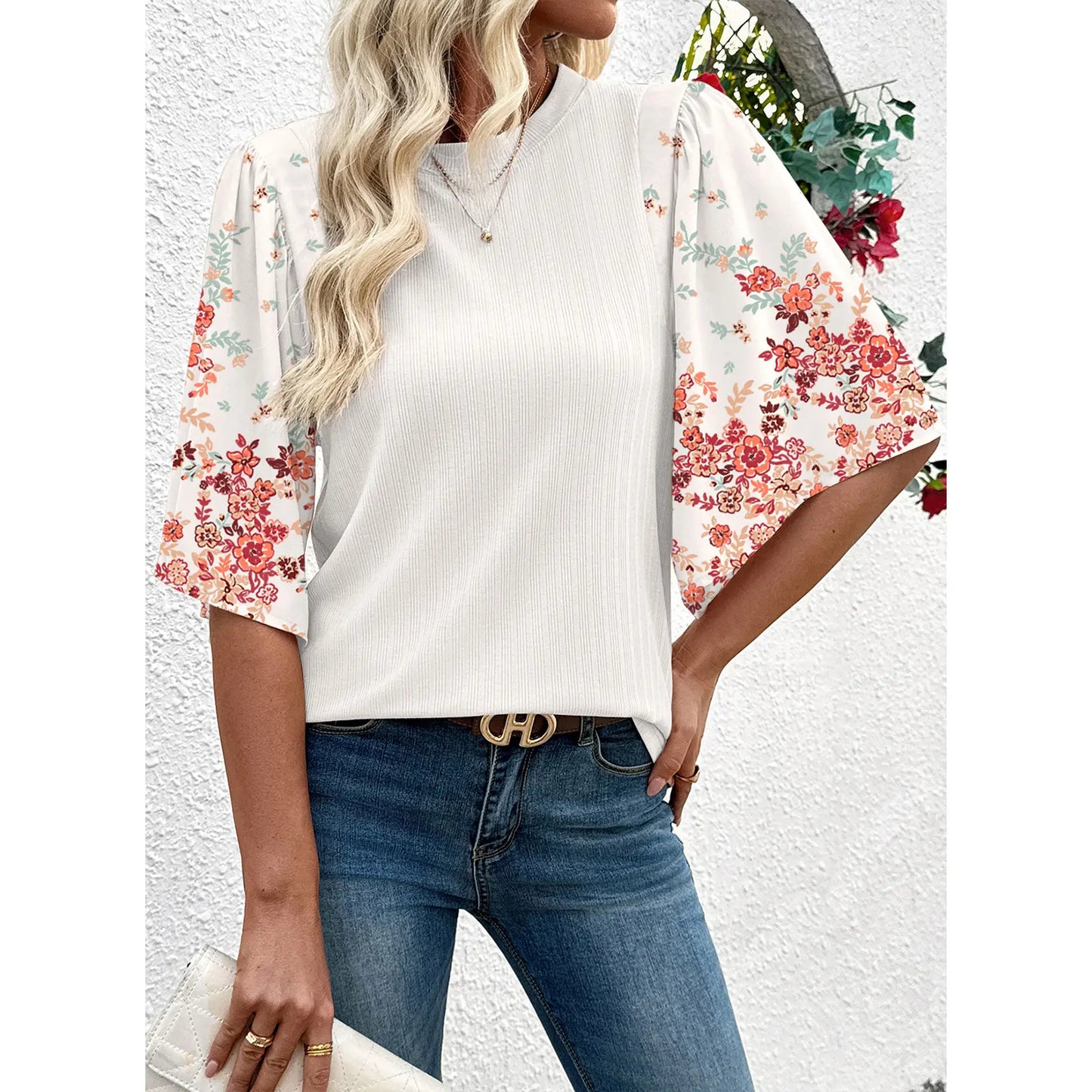 EVALESS 2026 New Women Boho Floral Patchwork Blouse, Crew Neck 3/4 Sleeve Ribbed Loose Stretchy T Shirt, Trendy Spring Summer Casual Tops