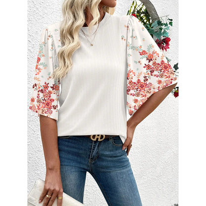 EVALESS 2026 New Women Boho Floral Patchwork Blouse, Crew Neck 3/4 Sleeve Ribbed Loose Stretchy T Shirt, Trendy Spring Summer Casual Tops