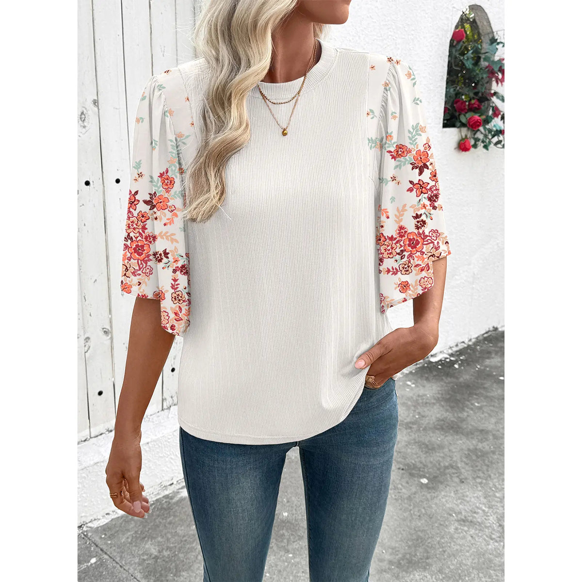 EVALESS 2026 New Women Boho Floral Patchwork Blouse, Crew Neck 3/4 Sleeve Ribbed Loose Stretchy T Shirt, Trendy Spring Summer Casual Tops