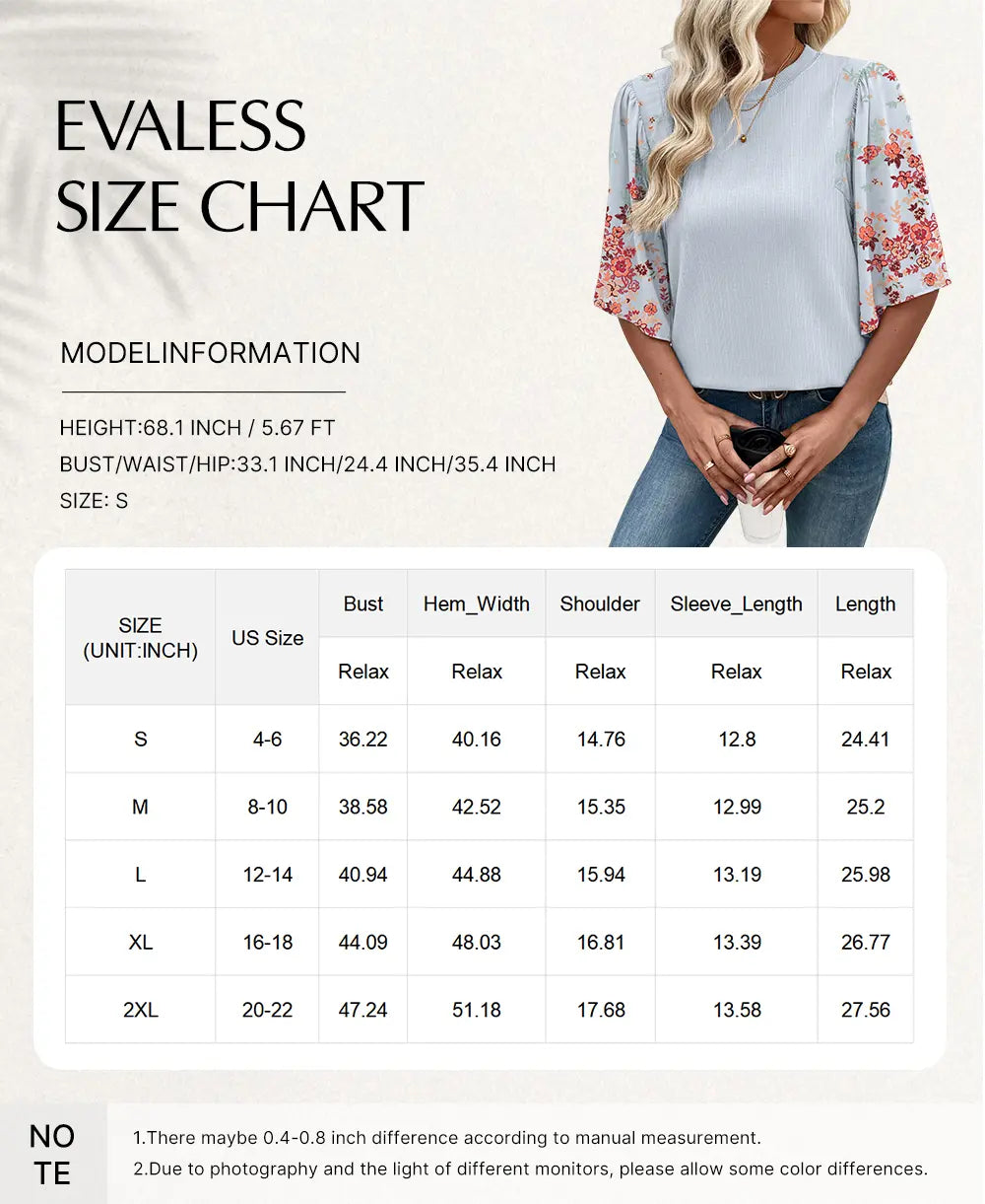 EVALESS 2026 New Women Boho Floral Patchwork Blouse, Crew Neck 3/4 Sleeve Ribbed Loose Stretchy T Shirt, Trendy Spring Summer Casual Tops