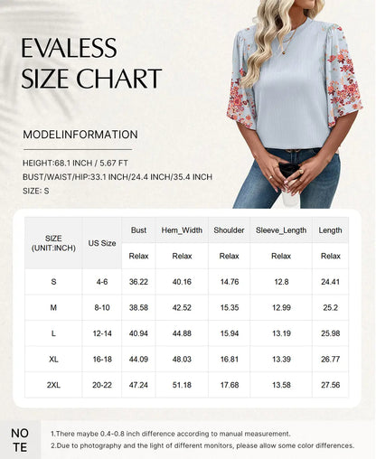 EVALESS 2026 New Women Boho Floral Patchwork Blouse, Crew Neck 3/4 Sleeve Ribbed Loose Stretchy T Shirt, Trendy Spring Summer Casual Tops