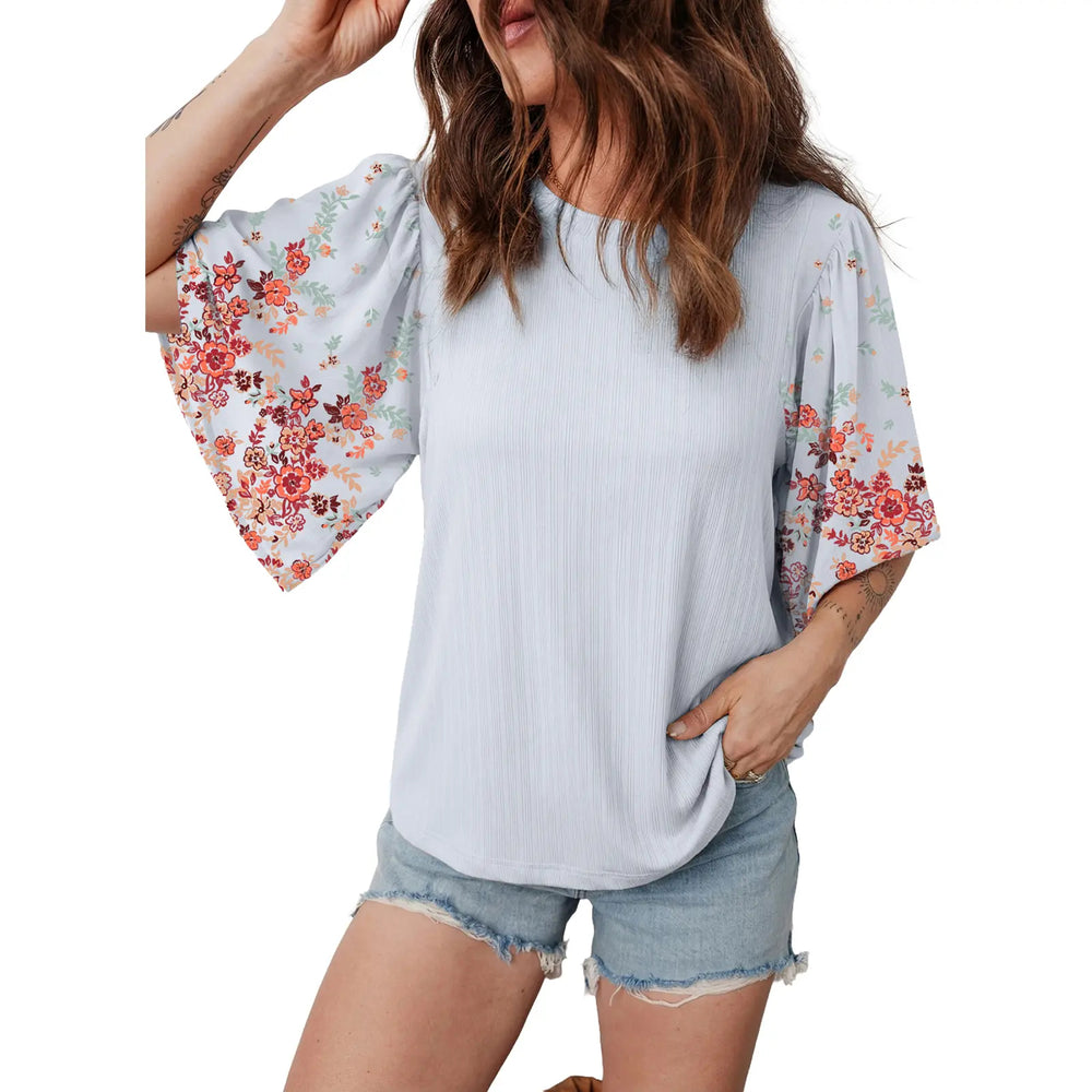 EVALESS 2026 New Women Boho Floral Patchwork Blouse, Crew Neck 3/4 Sleeve Ribbed Loose Stretchy T Shirt, Trendy Spring Summer Casual Tops