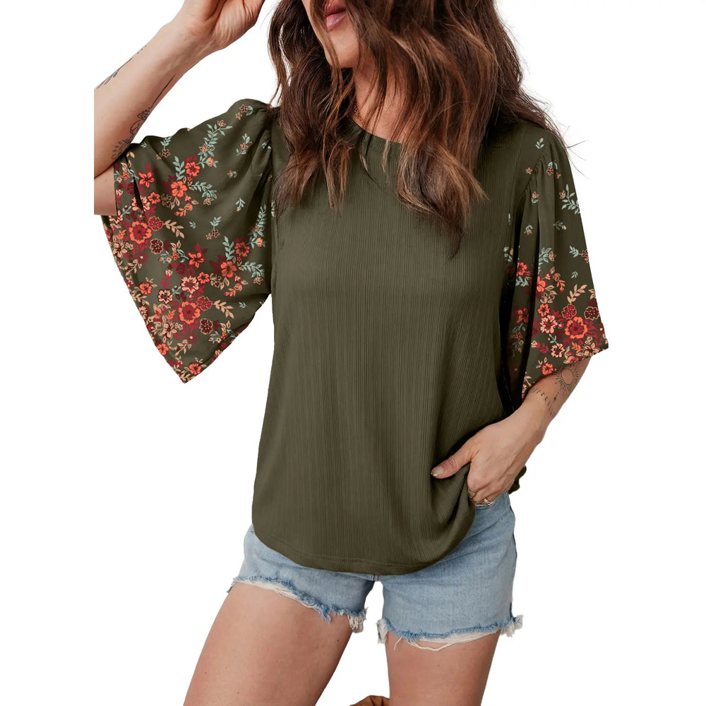 EVALESS 2026 New Women Boho Floral Patchwork Blouse, Crew Neck 3/4 Sleeve Ribbed Loose Stretchy T Shirt, Trendy Spring Summer Casual Tops