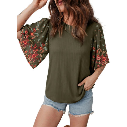 EVALESS 2026 New Women Boho Floral Patchwork Blouse, Crew Neck 3/4 Sleeve Ribbed Loose Stretchy T Shirt, Trendy Spring Summer Casual Tops