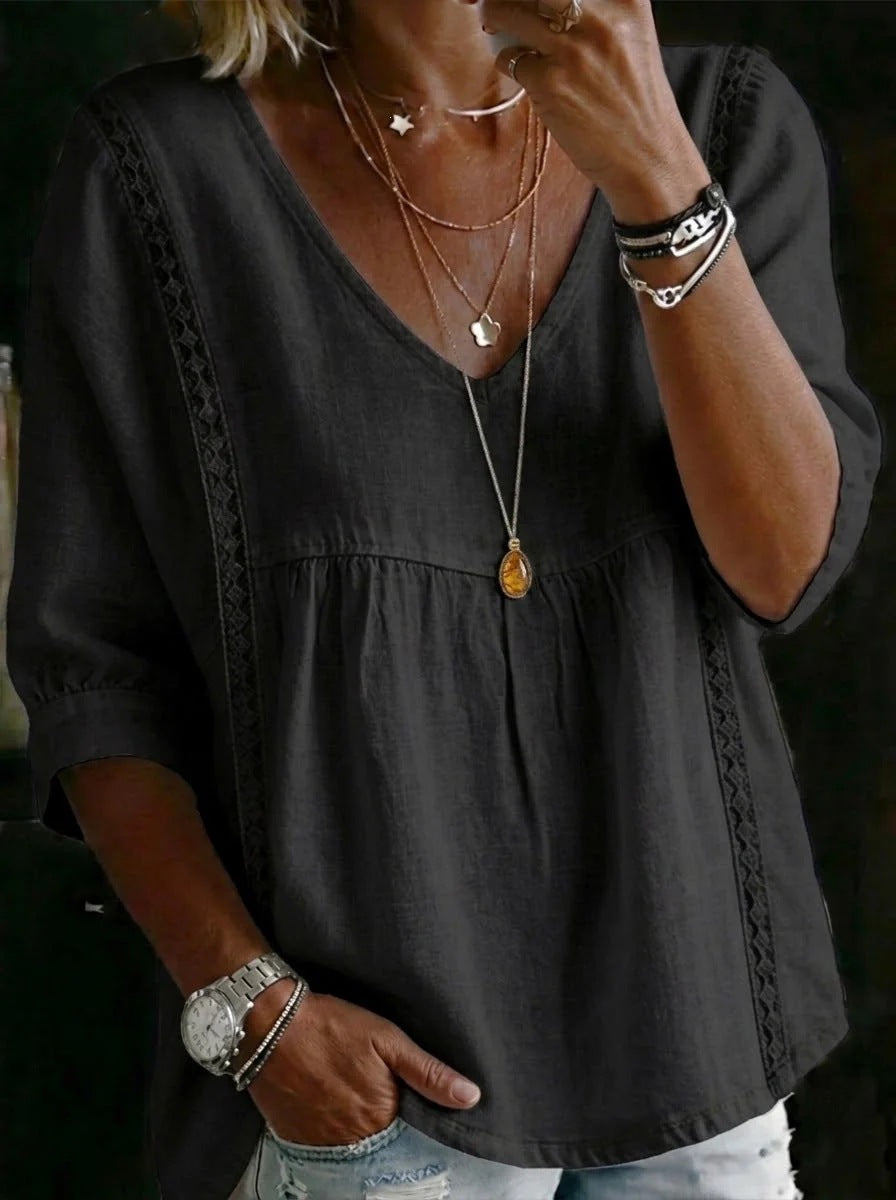 Women's Lace Trim V Neck 3/4 Sleeve Cotton Blend Tunic Top Loose Fit Babydoll Casual Blouse