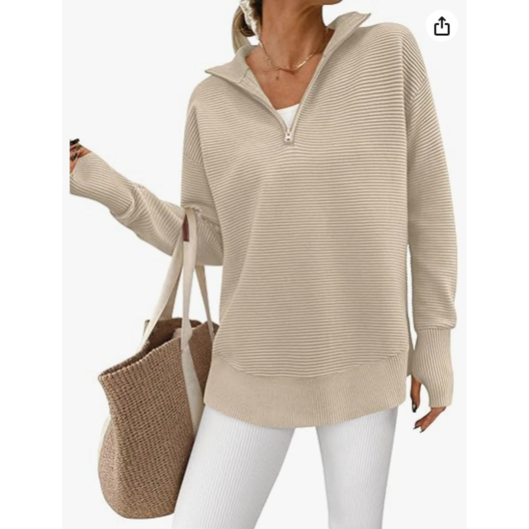 Women's Cozy Quarter-Zip Sweater – Soft Ribbed Knit V-Neck Pullover with Thumb Holes
