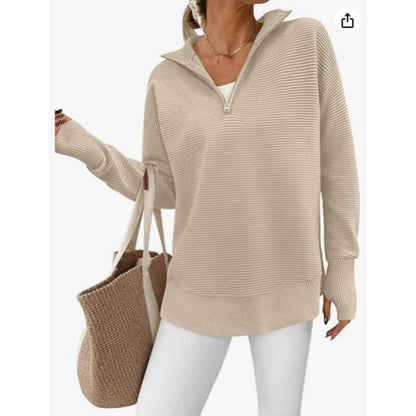 Women's Cozy Quarter-Zip Sweater – Soft Ribbed Knit V-Neck Pullover with Thumb Holes