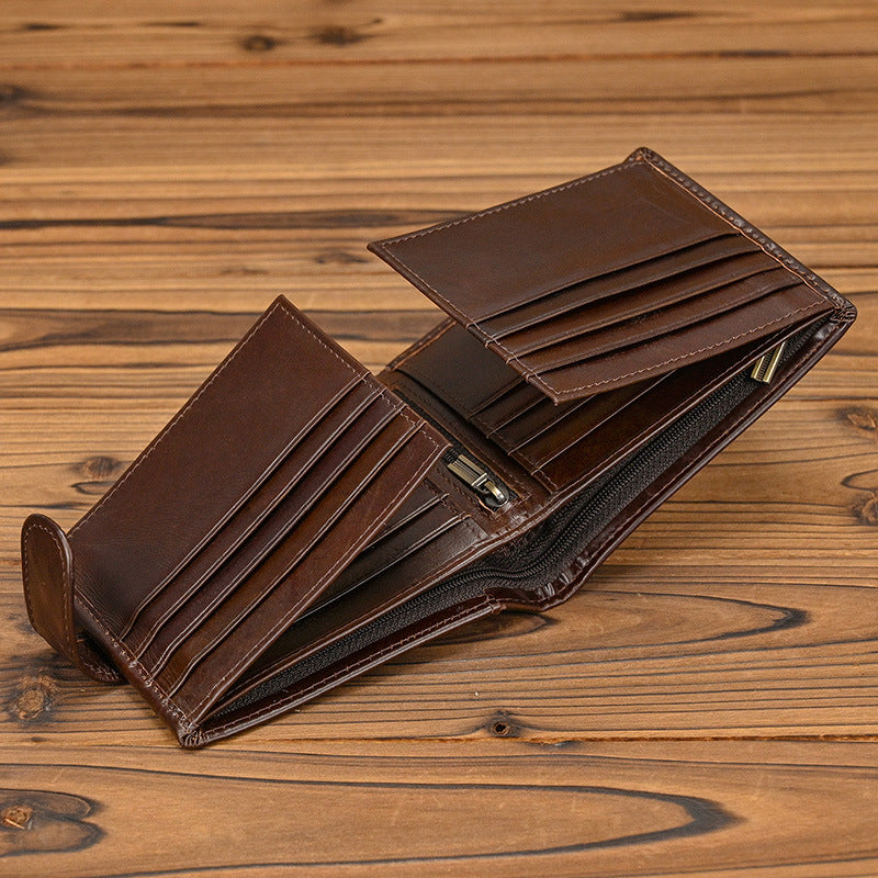 Vintage Top-Grain Leather Bi-Fold Wallet – Classic Design, Ample Storage