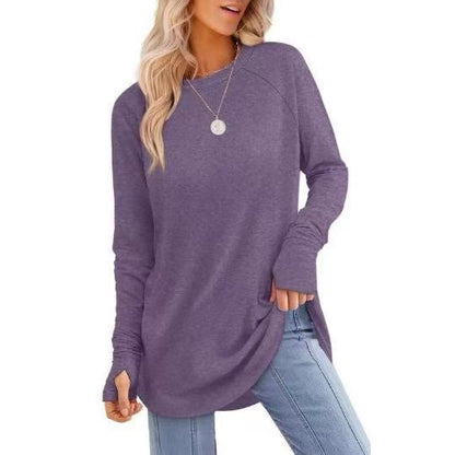 Womens Tunic Tops to Wear with Leggings Long Sleeve Thumb Crew Neck Curved Hem