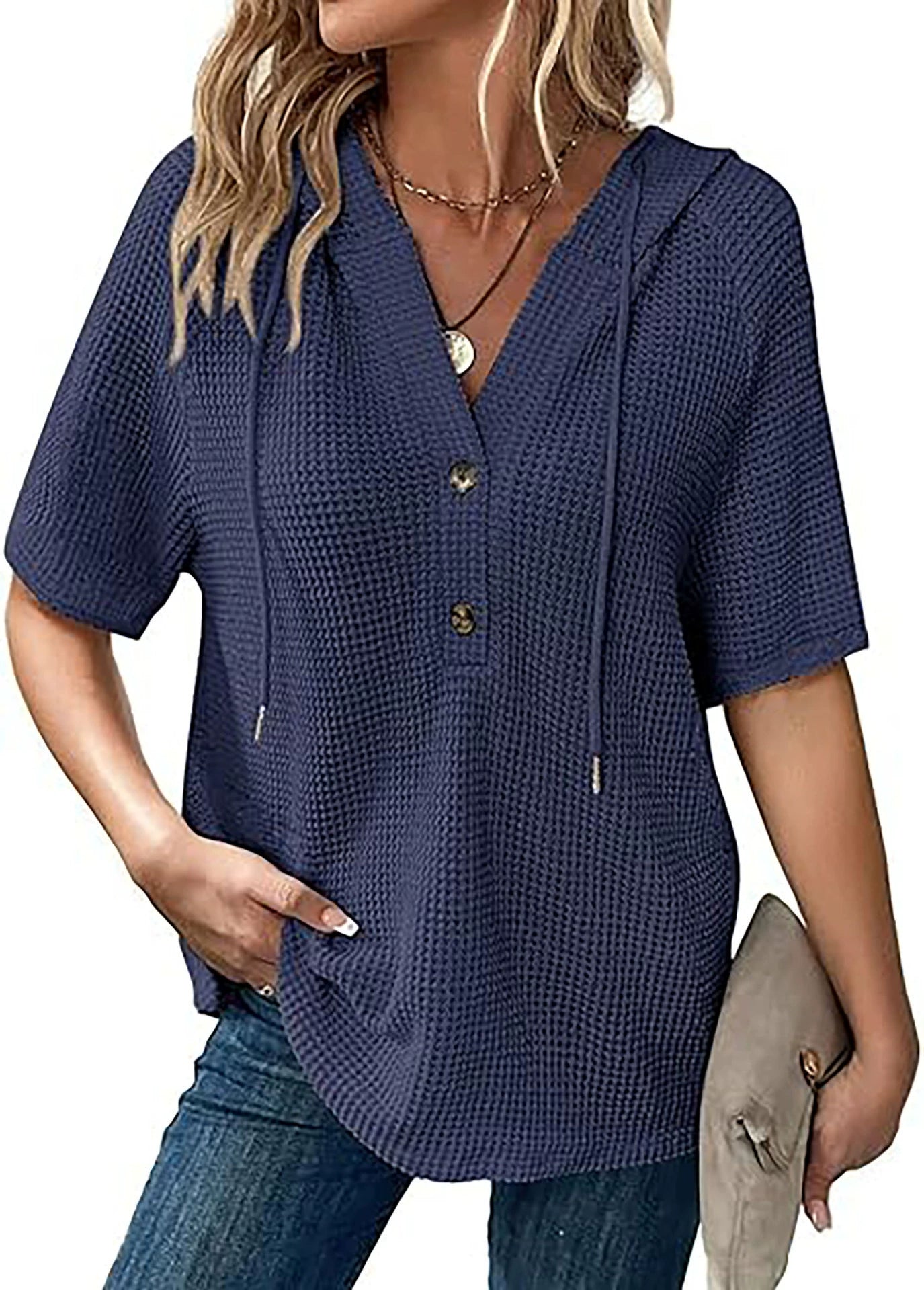 ✨Women's Waffle Knit Button V Neck Short Sleeve Lightweight Drawstring Hoodies