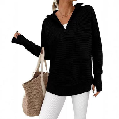 Women's Cozy Quarter-Zip Sweater – Soft Ribbed Knit V-Neck Pullover with Thumb Holes