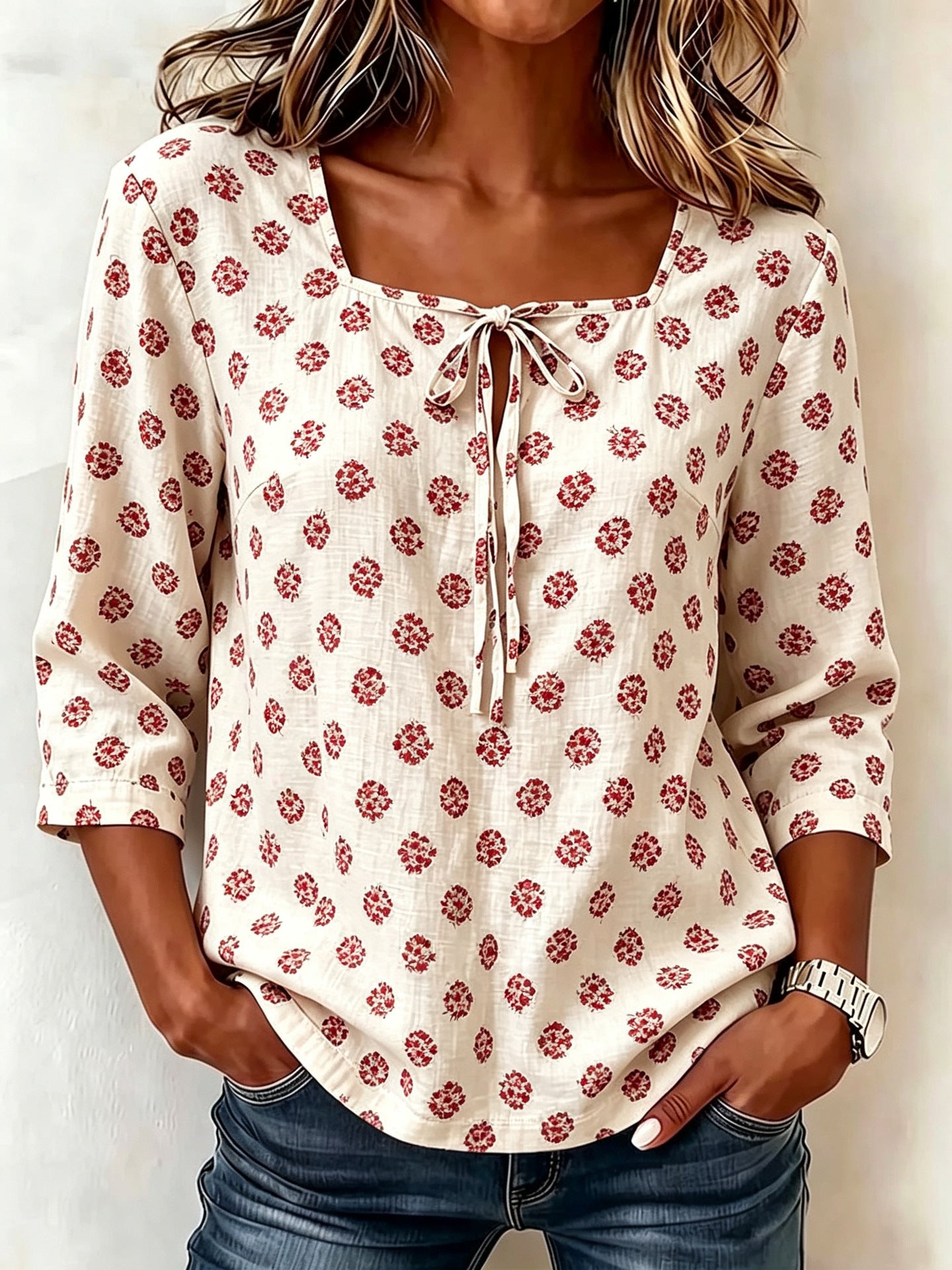 Women’s Vintage Polka Dot Top with Square Neck Tie