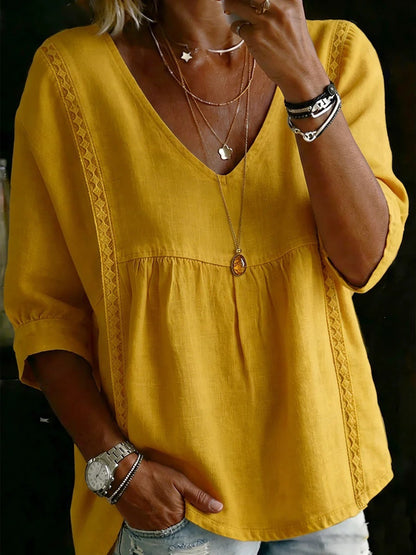 Women's Lace Trim V Neck 3/4 Sleeve Cotton Blend Tunic Top Loose Fit Babydoll Casual Blouse
