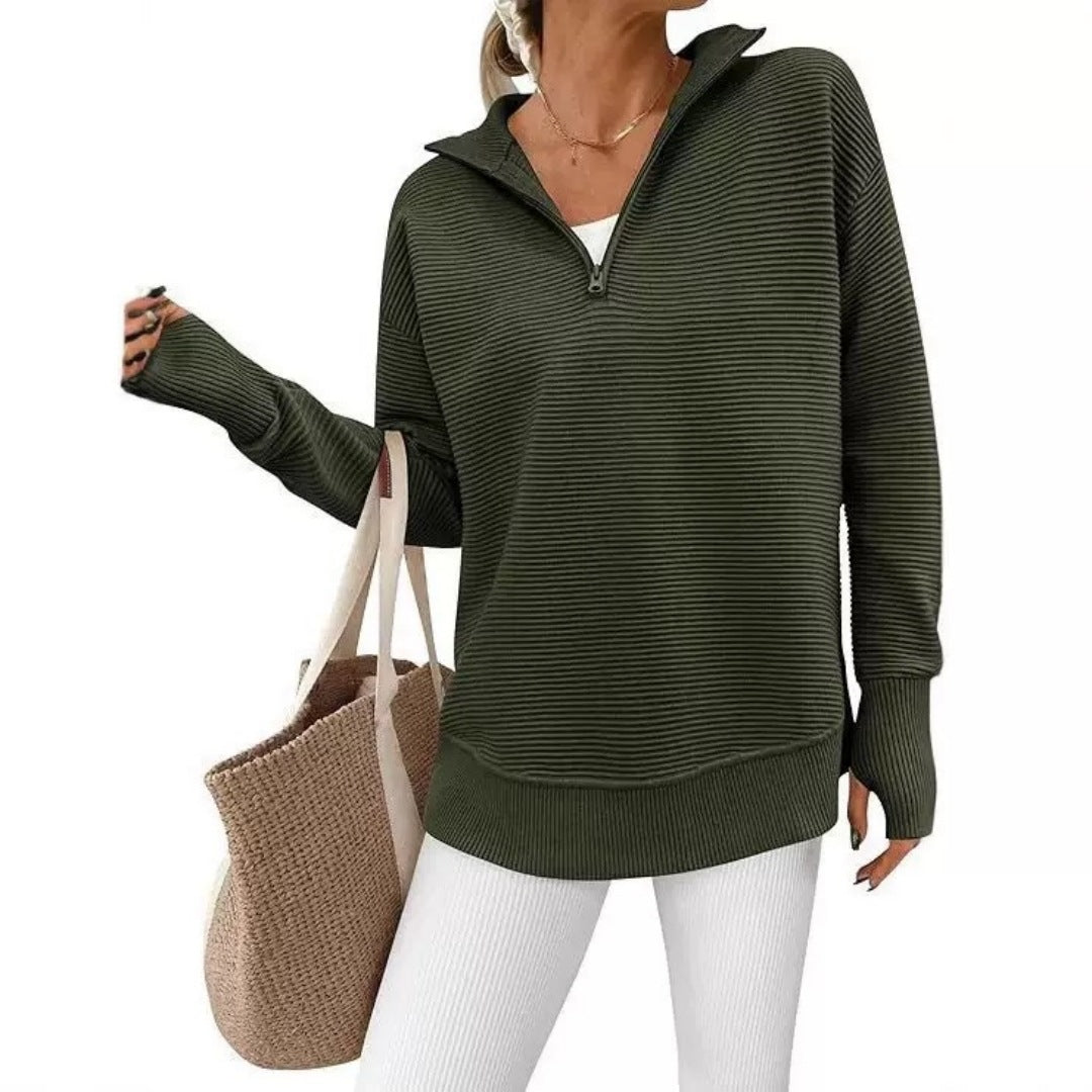 Women's Cozy Quarter-Zip Sweater – Soft Ribbed Knit V-Neck Pullover with Thumb Holes