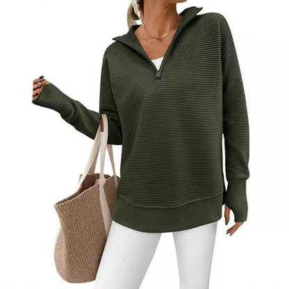 Women's Cozy Quarter-Zip Sweater – Soft Ribbed Knit V-Neck Pullover with Thumb Holes