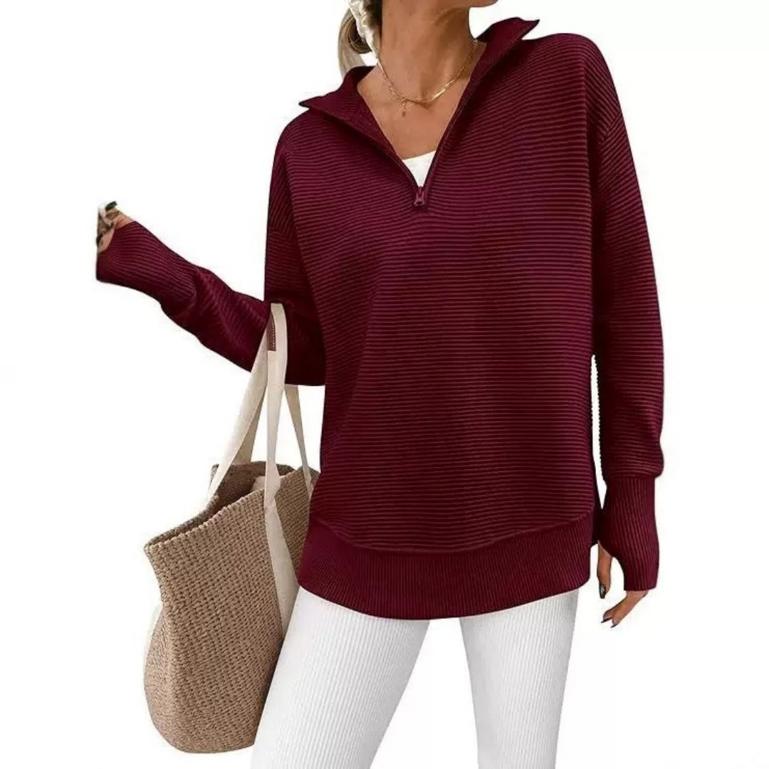 Women's Cozy Quarter-Zip Sweater – Soft Ribbed Knit V-Neck Pullover with Thumb Holes