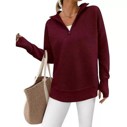 Women's Cozy Quarter-Zip Sweater – Soft Ribbed Knit V-Neck Pullover with Thumb Holes